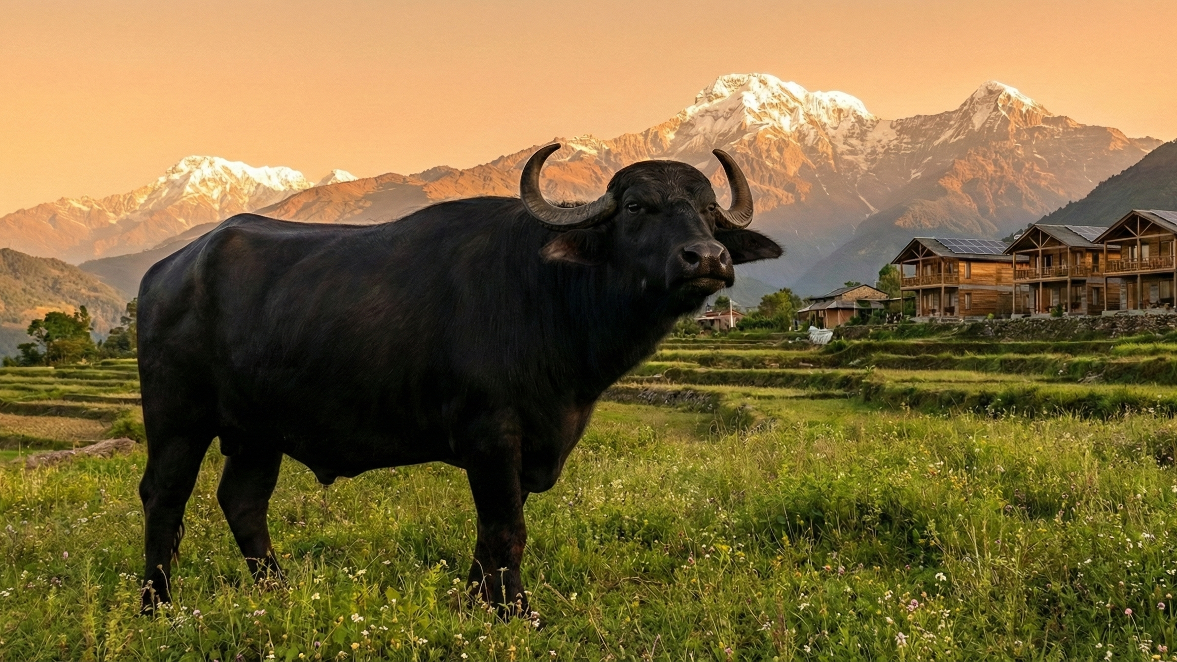 A cinematic, hyper-realistic wide-angle shot of a majestic, shiny black Murrah buffalo standing freely in a lush green pasture in the Himalayan foothills of Nepal. The buffalo has NO nose ring and NO ropes, looking calm and happy. In the background, snow-capped mountains and a modern eco-friendly farm. 